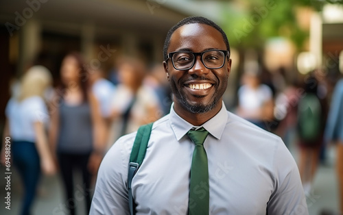 Cheerful confident handsome african american young teacher smiling looking at camera