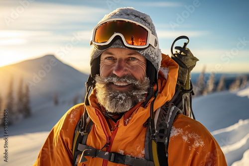 Portrait of smiling bearded man traveler on snowy mountains