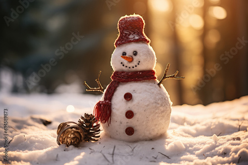 A cute snowman standing outdoor against winter sunset