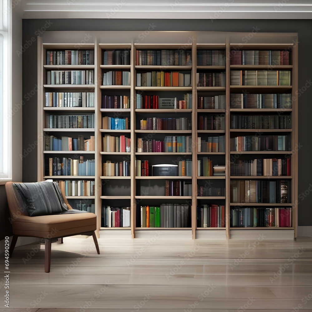 A bookshelf filled with books and a blank space for a customizable item2 A bookshelf filled with books and a blank space for a customizable item2