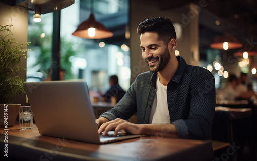 Latin man in a cafe working on a laptop © Malchevska Studio