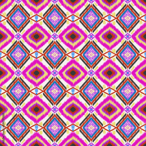 Embroidery geometrics ethnic oriental ikat seamless patterns pink blue white yellow and red stripes