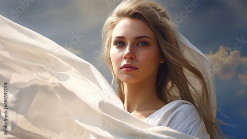 Portrait of a beautiful young woman in a white dress against the sky. Ai render.