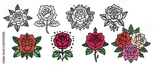 Old tattoo school colored icons set with roses symbols isolated on transparent background, vector illustration. vintage tattoo