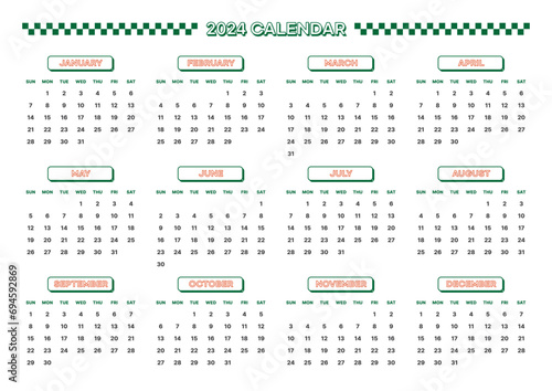 Design template with 2024 12 months calendar. Note, scheduler, diary, calendar, planner design template illustration.