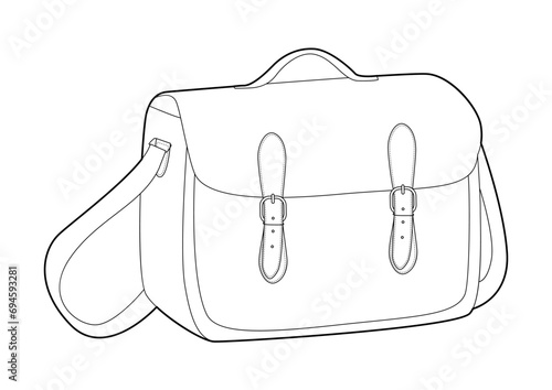 Satchel messenger silhouette bag. Fashion accessory technical illustration. Vector satchel front 3-4 view for Men, women, unisex style, flat handbag CAD mockup sketch outline isolated