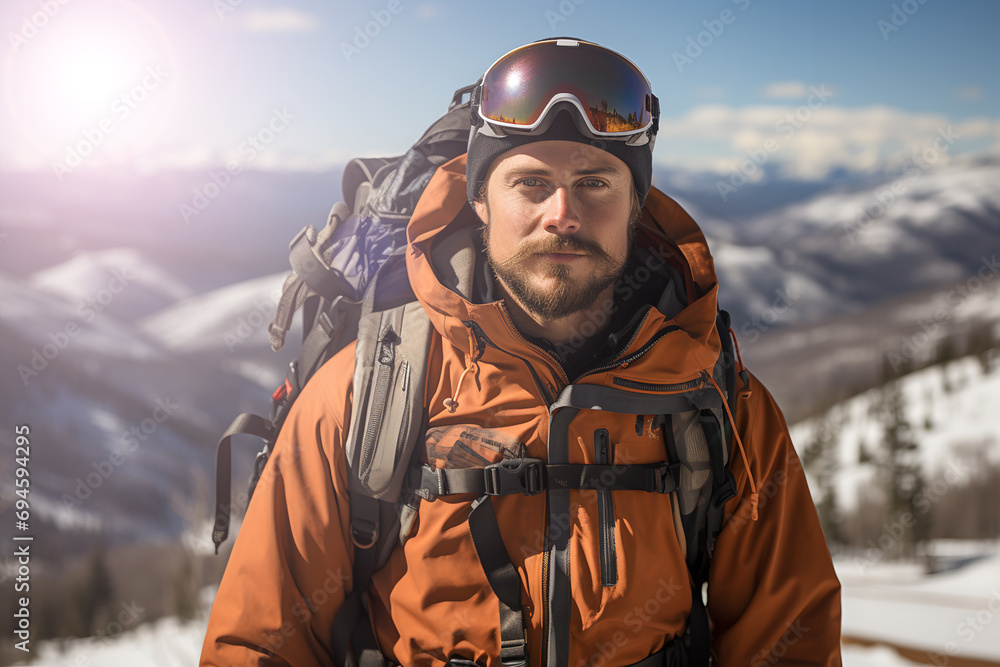 Close-up of a man in orange ski jacket and ski goggles, with his backpack. on a snowy mountain. ai generated