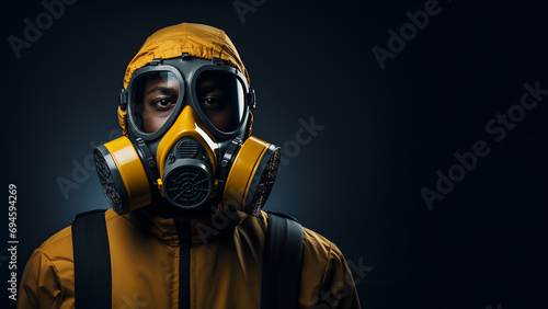 Close-up portrait of black man in a gas mask on a dark background. ai generated