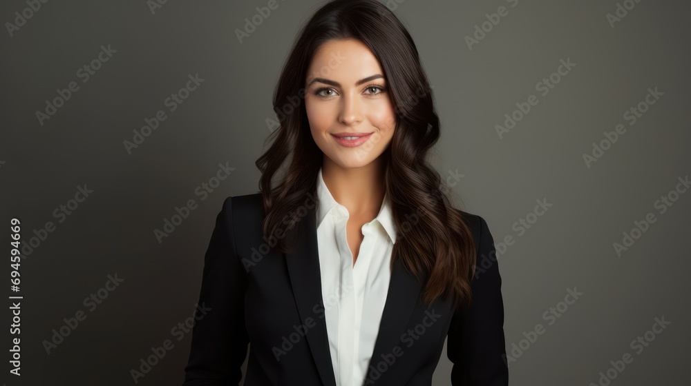Portrait of a beautiful, smiling young brunette businesswoman on a gray background Portrait of a beautiful, smiling young brunette businesswoman on a gray background