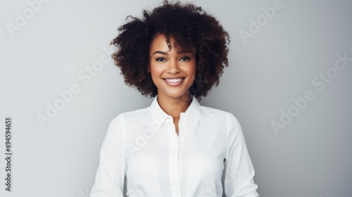 Portrait of a beautiful, smiling black businesswoman on a plain background photo