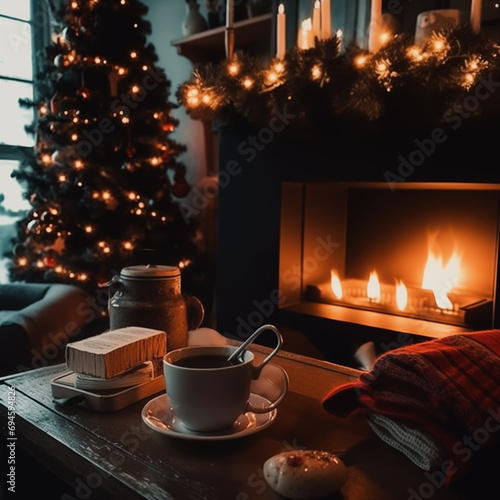 Warm cup of coffee by the fireplace 