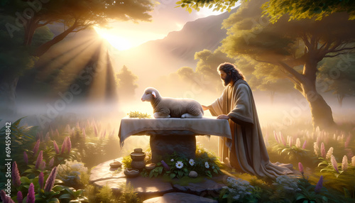 Sacred Offering: Abel and the Lamb at the Altar in a Misty Dawn