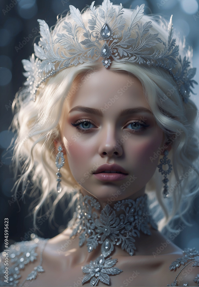 Fototapeta premium girl, European appearance, with white hair, crown earrings and a necklace of jewelry, (Snow Queen)