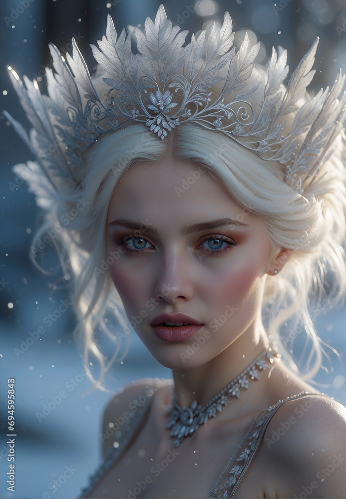 girl, European appearance, with white hair, crown earrings and a necklace of jewelry, (Snow Queen)