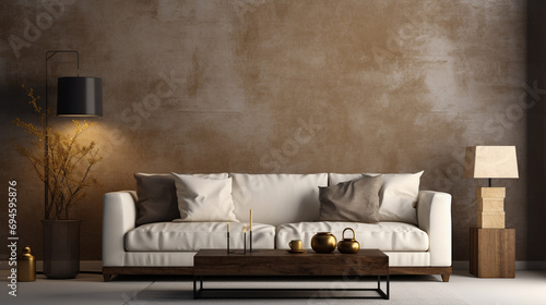 Modern living room with white couch, wall, table and lamp, in the style of dark gold and dark beige