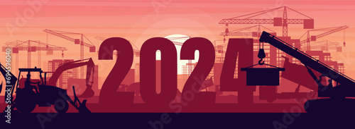 Sunset in a city under construction with the year 2024. Panoramic view of  backhoe and telescopic crane for building construction. Celebrating the beginning of a happy new year. Heavy machinery