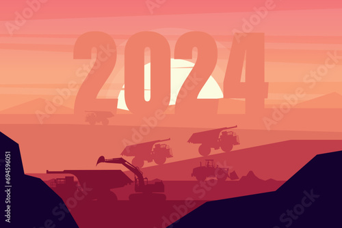 Sunset in a mining extraction with the year 2024 in the background with heavy machinery such as a mining truck, front loader and a tracked excavator. Celebrating the beginning of a happy new year