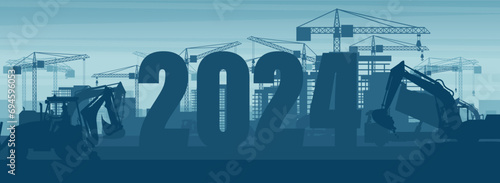Panoramic background of a crawler excavator and a backhoe with the year 2024 at dawn in a city under construction. Celebrating the beginning of a happy new year. heavy machinery