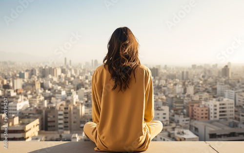 Back view shot a young brunette girl in a light jacket sits on the roof of a high-rise building overlooking the city.