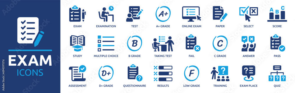 Exam icon set. Containing test, score, quiz, questionnaire, results, pass, online exam and more. Solid vector icons collection. - obrazy, fototapety, plakaty 