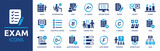 Exam icon set. Containing test, score, quiz, questionnaire, results, pass, online exam and more. Solid vector icons collection.