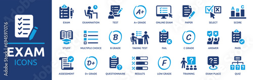 Exam icon set. Containing test, score, quiz, questionnaire, results, pass, online exam and more. Solid vector icons collection. photo