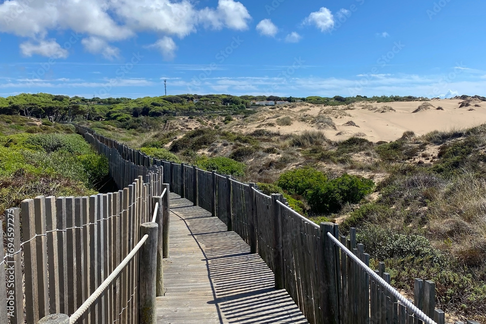 Wooden walkway leading to the dunes on the Atlantic coast of Portugal