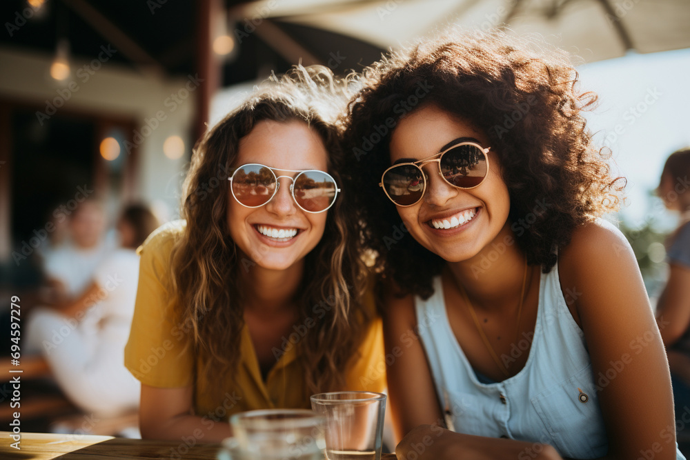 A woman happy because she found her friend A woman happy because she found her friend