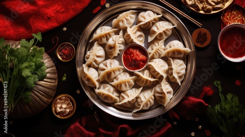 Chinese dumplings ?? jiaozi on table flat lay view. Lunar new years. Chinese New Year. Asian festive food