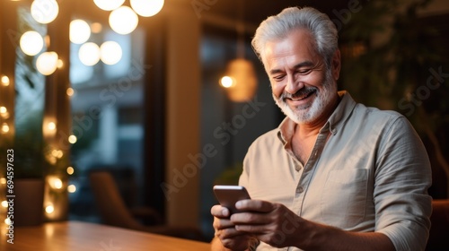 Happy senior male holding smartphone using mobile phone app. Technology, communication, happy adult man with smartphone at home, recreation, communication, sociality, hobbies, adaptation, AI gen.