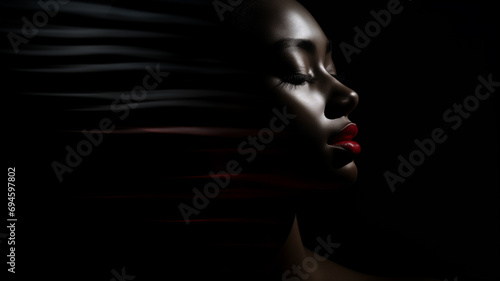 weibliches Beauty Model in seitlicher Pose. Low Key Portrait bei dramatischem Licht mit roten Lichteffekten. Querformat 16:9 Format. Generative Ai. 