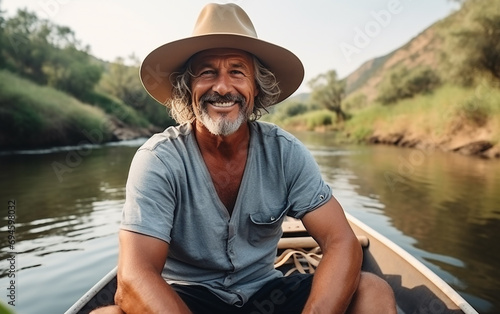 Cute 60 year old fair-skinned man in bright casual clothes with a hat sits in a boat in the middle of the river.