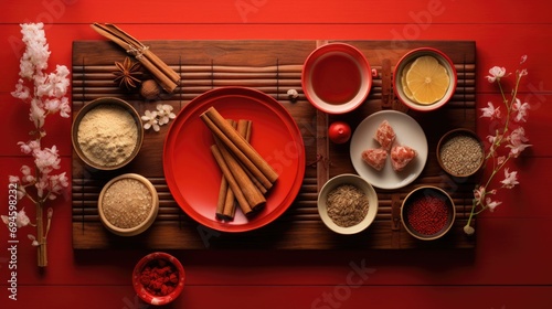 Chinese festive table asian food flat lay view. Lunar new years. Chinese New Year. Asian festive food