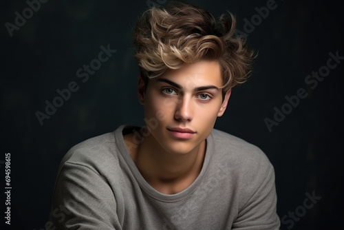 Young man with short colored hair on dark studio background, face of handsome boy wearing gray jumper. Concept of style, fashion, beauty model, male portrait, stylish hairstyle