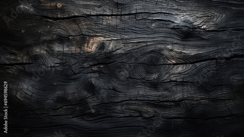 Burnt wood texture background, charred black timber. Abstract vintage pattern of dark burned scorched tree close-up. Concept of charcoal, coal, embers, wallpaper, firewood, smoke