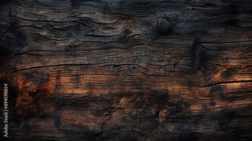 Burnt wood texture, charred brown timber background. Abstract pattern of dark scorched tree. Concept of charcoal, structure, vintage, wallpaper, firewood, smoke