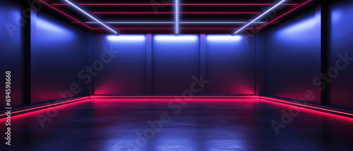 Dark futuristic room background, garage or studio with neon red and blue lighting. Modern design of empty hall, abstract space interior. Concept of industry, stage, show, game