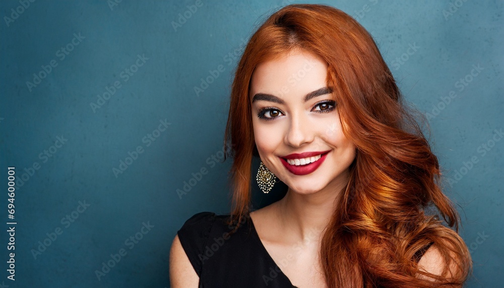 Portrait of beautiful cheerful redhead girl, blue background Portrait of beautiful cheerful redhead girl, blue background