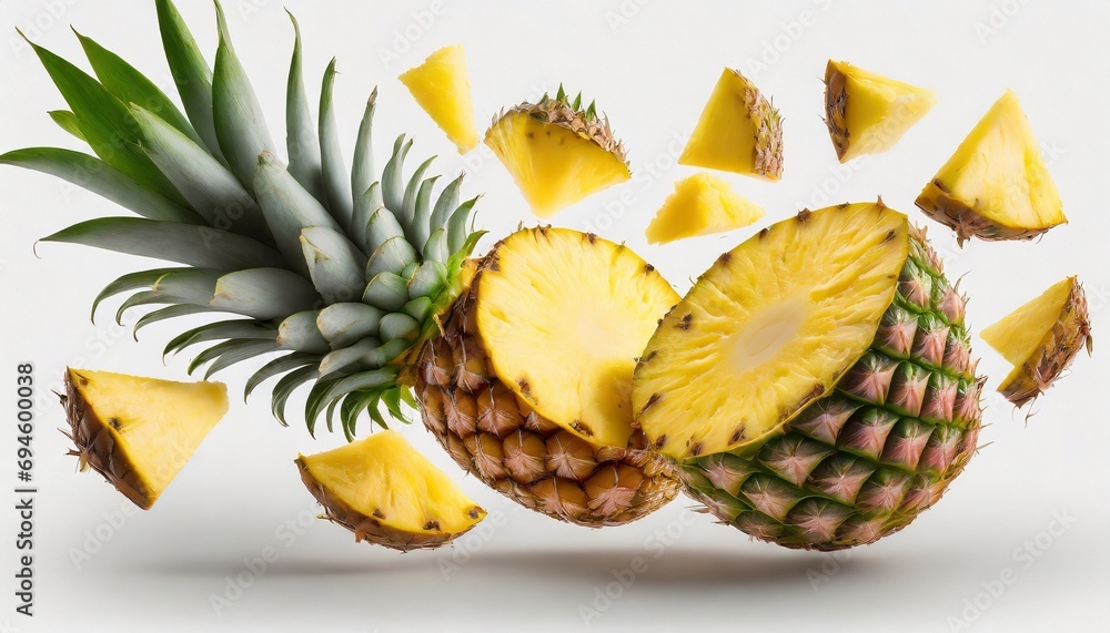 Fresh juicy tropical fruit pineapple flying isolated on white background. - obrazy, fototapety, plakaty 