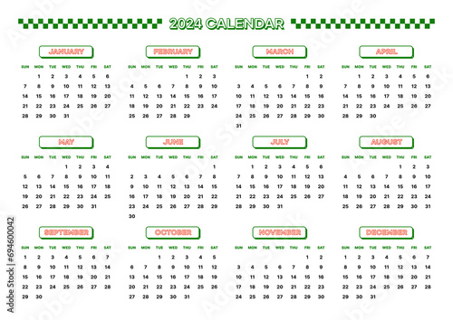 Design template with 2024 12 months calendar. Note, scheduler, diary, calendar, planner design template illustration.