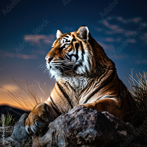 Tiger sitting, at the night with beautiful landscape
