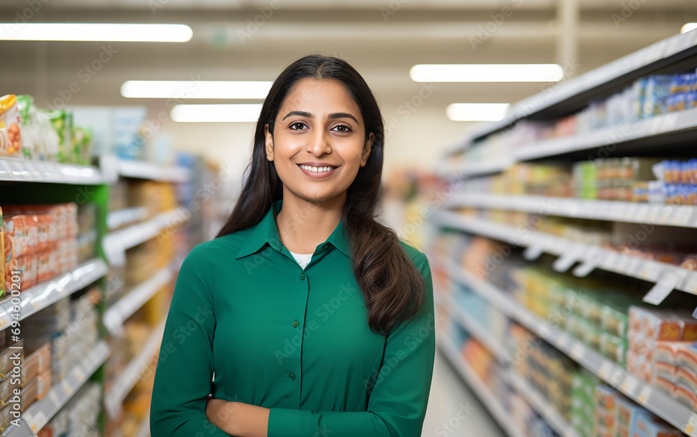 Cute hindu sales girl standing in a grocery store. Beautiful indian lady standing in a grocery store. 