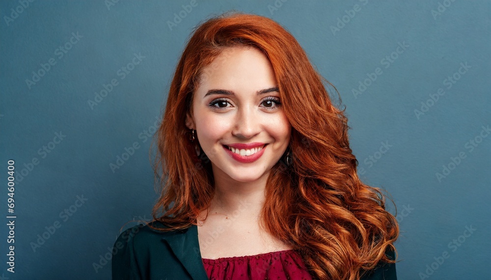 Fototapeta premium Portrait of beautiful cheerful redhead girl, blue background