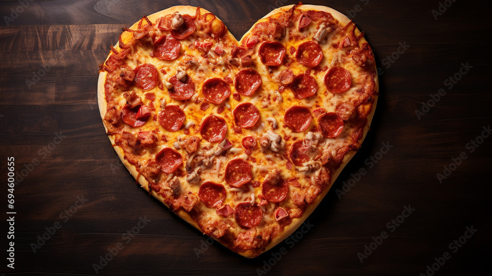 Heart shaped pizza on a dark wooden background. Top view with copy space. generativa IA Heart shaped pizza on a dark wooden background. Top view with copy space. generativa IA