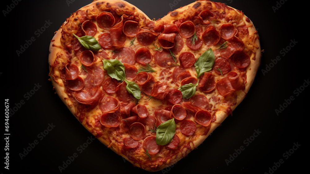 Heart shaped pizza with salami and basil on a black background. generativa IA