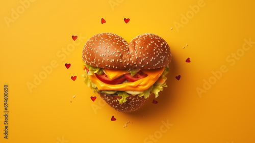 Heart shaped hamburger on yellow background, top view, copy space generativa IA