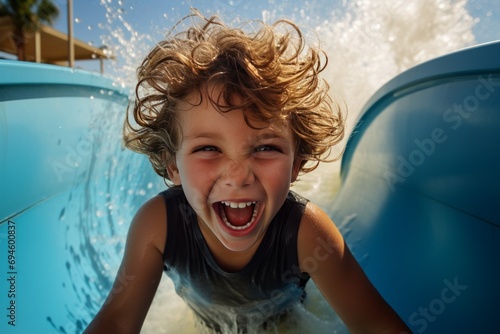 Smiling Boy Sliding on Outdoor Water Slide