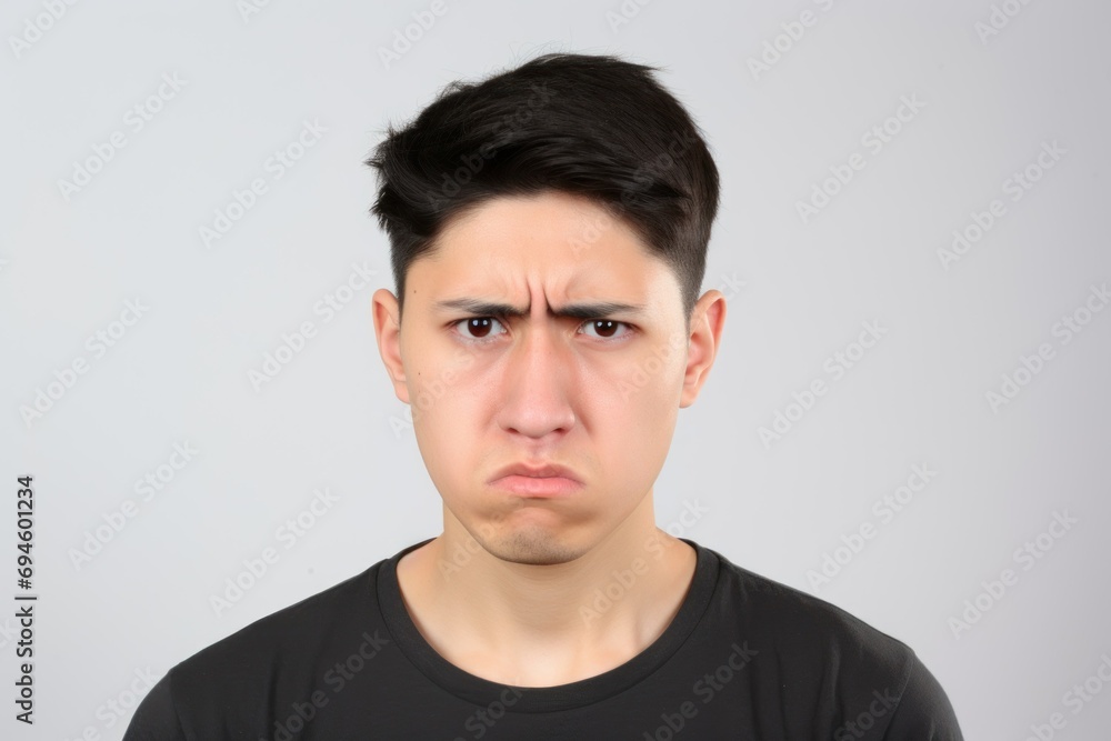Young Man with a Disapproving Frown on Neutral Background. Generative AI. Young Man with a Disapproving Frown on Neutral Background. Generative AI.