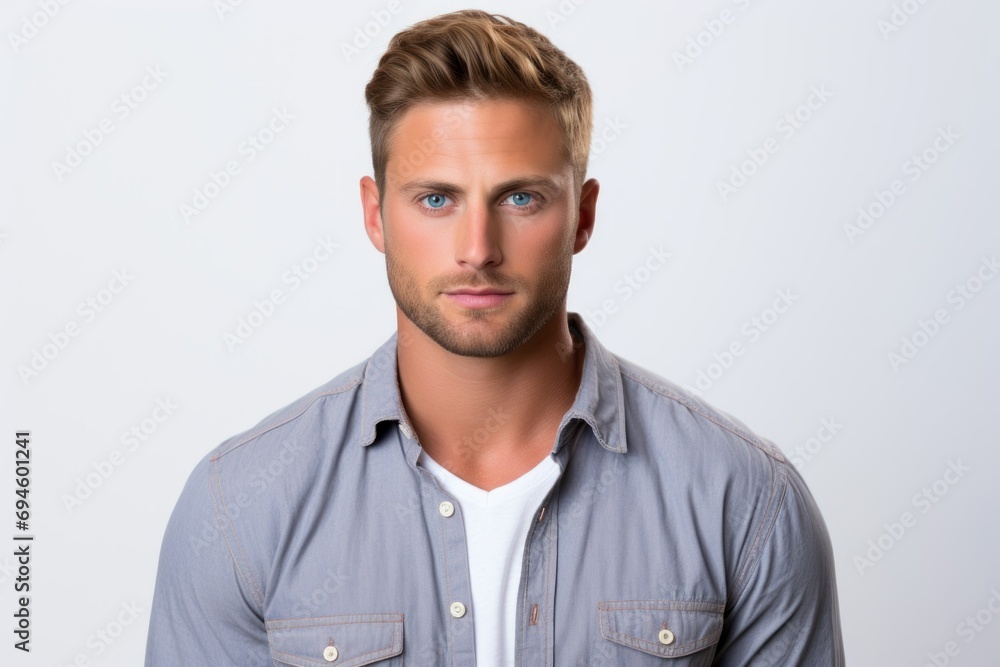 Confident Handsome Man in Casual Shirt on White Background. Generative AI. Confident Handsome Man in Casual Shirt on White Background. Generative AI.