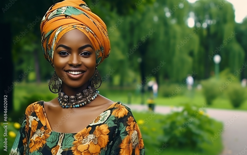 Fototapeta premium A dark-skinned girl in a colorful scarf in the park. Outdoor portrait of young beautiful fashionable lady. Model wearing stylish accessories & clothes. Female beauty & fashion.